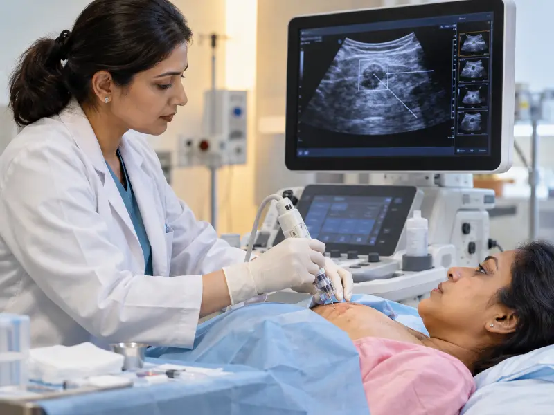 Ultrasound-guided core needle tissue sampling procedure at Henotic Diagnostics Kharghar