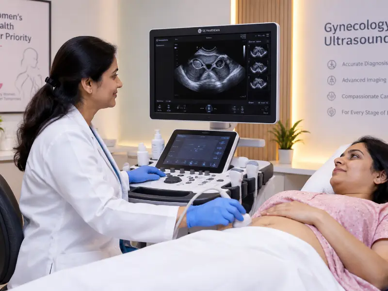 Professional Radiologist performing Gynecology Ultrasound at Henotic Diagnostics Kharghar