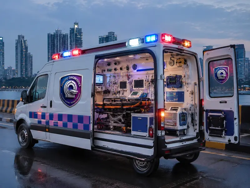 Inside a stretcher ambulance with adjustable medical stretcher