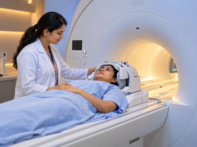 In addition, high-resolution 3T Brain MRI scan display showing multiplanar soft tissue cross sections
