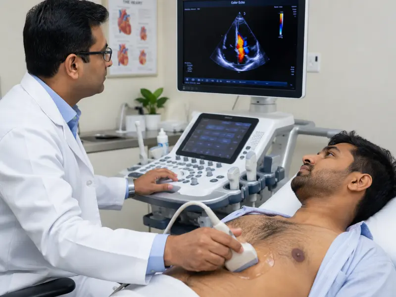 Advanced Color Doppler Echocardiography diagnostic display showing valvular regurgitation flow
