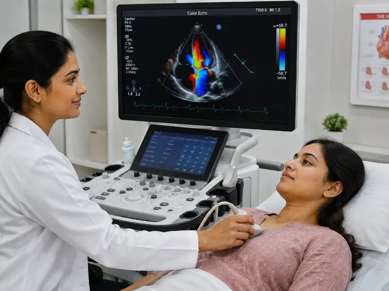 Senior radiologist interpreting Color Echo imaging for cardiac chamber function and ejection fraction