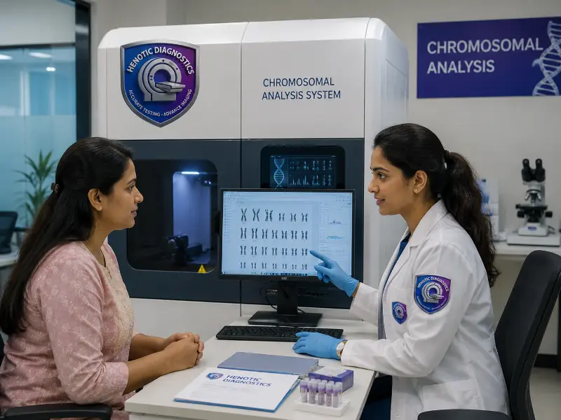 Senior cytogeneticist reviewing G-banded metaphase chromosomal spreads for structural translocations