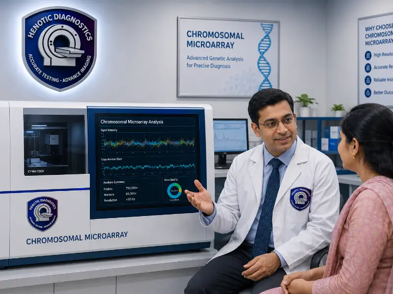 Senior medical geneticist and pediatrician reviewing Chromosomal Microarray diagnostic report