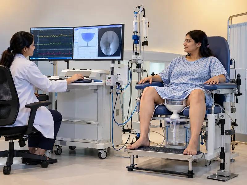 In addition, Complete Urodynamic Study diagnostic display showing multichannel bladder pressure graphs