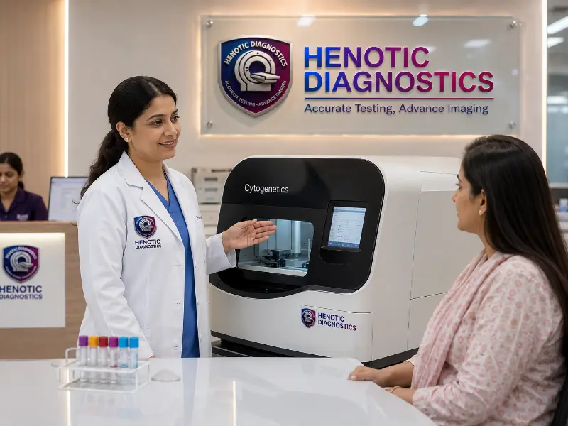 Cytogeneticist performing G-banded metaphase chromosome analysis Cytogenetics under high-resolution oil-immersion microscope