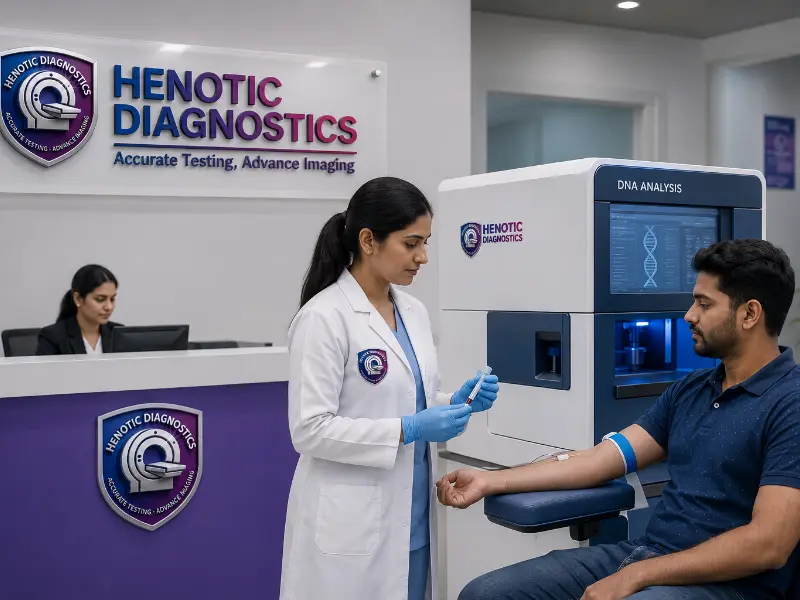 Senior clinical geneticist interpreting DNA Analysis sequencing reports during medical consultation