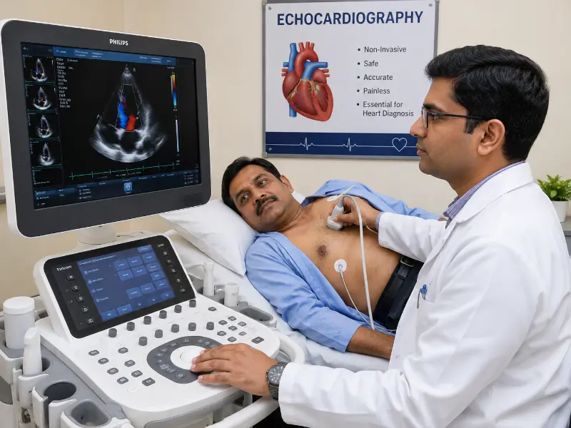 Senior radiologist performing Echocardiography scanning for cardiac ejection fraction calculation