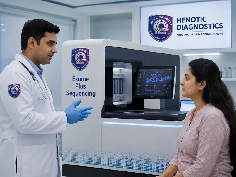 Senior medical geneticist and clinician reviewing Exome Plus Sequencing diagnostic report