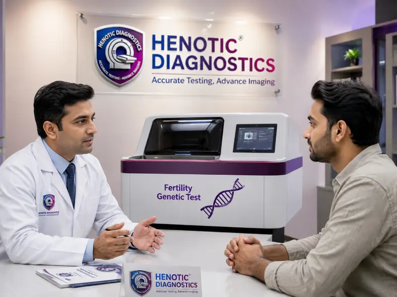 Senior clinical geneticist interpreting Fertility Genetic Test report during pre-IVF reproductive consultation