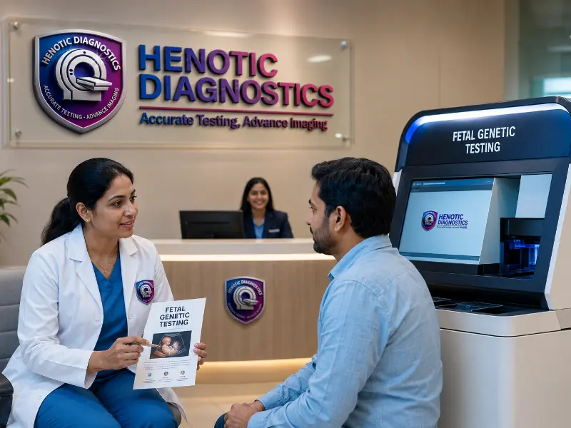 Senior fetal medicine specialist interpreting prenatal Fetal Genetic Testing results during consultation