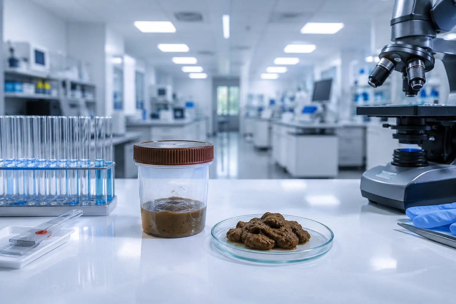 Routine clinical pathology stool examination and fluid microscopy at Henotic Diagnostics Kharghar at Henotic Diagnostics diagnostic lab