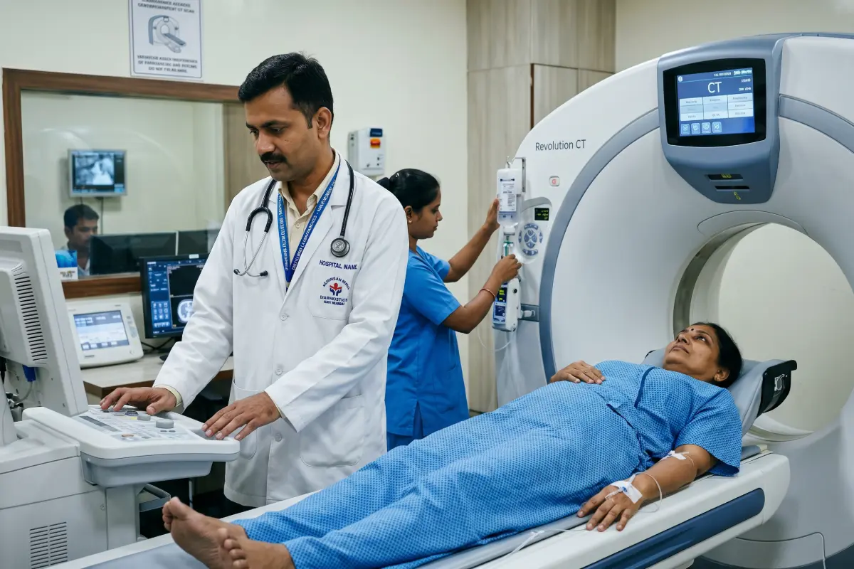 Senior nuclear medicine radiologist evaluating PET CT scan for oncological treatment response