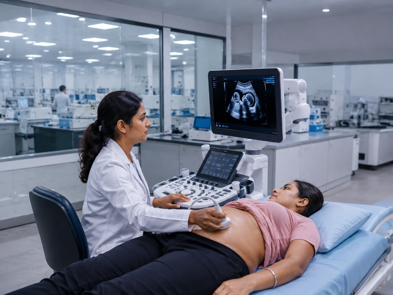 Advanced high-resolution pregnancy ultrasound workstation performing a high-precision targeted anomaly scan to evaluate fetal organ structures and congenital milestones