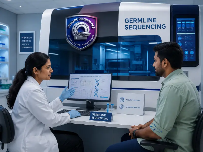 Senior clinical geneticist interpreting Germline Sequencing report with cascade family testing roadmap