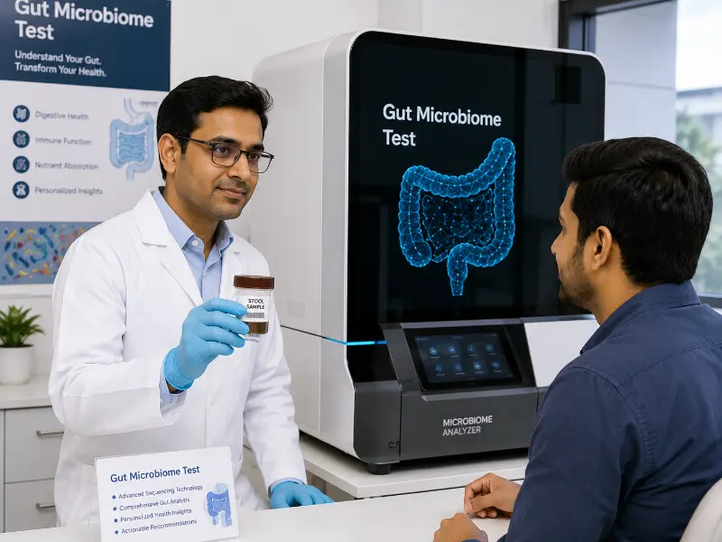 Senior clinical diagnostic specialist interpreting metagenomic gut flora profiling report