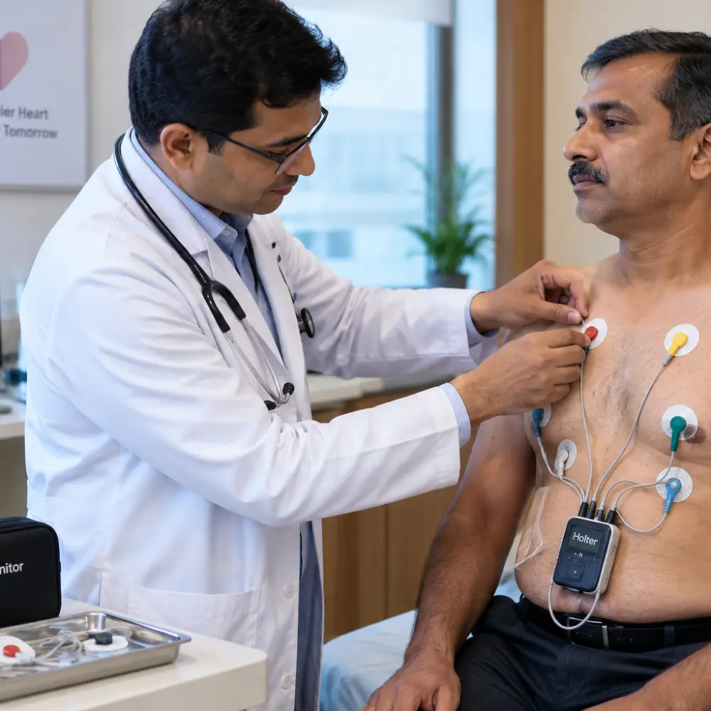 Patient wearing portable Holter ECG monitor