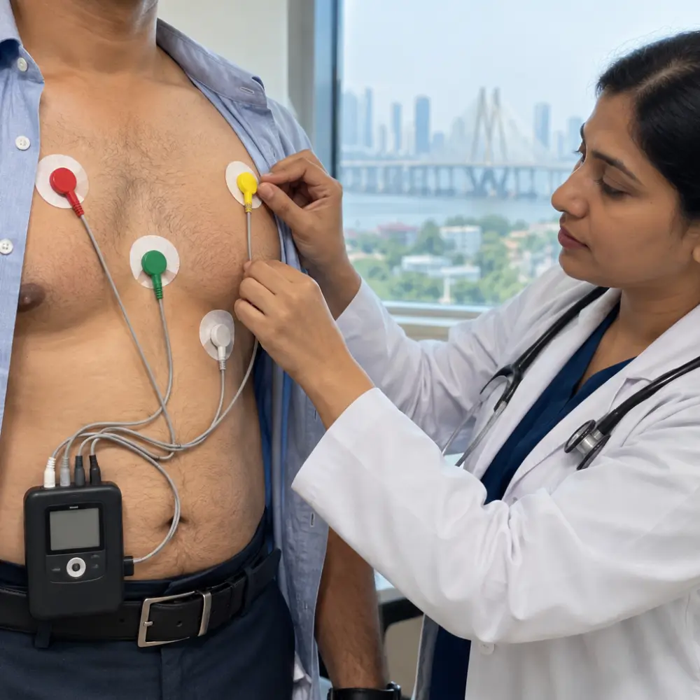 Doctor performing Holter monitoring with ECG electrodes