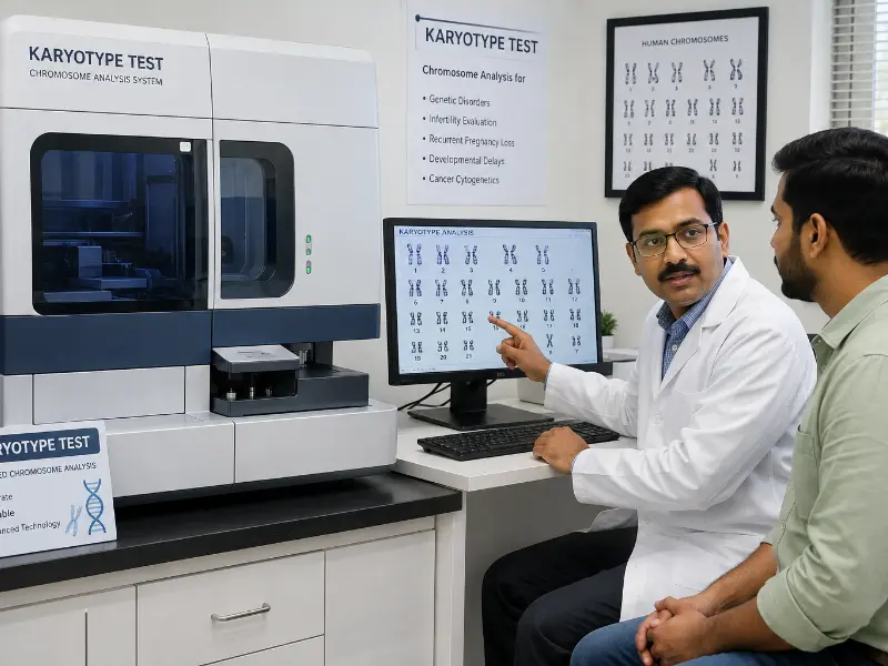 Senior cytogeneticist evaluating G-banded chromosomal spreads for translocation detection