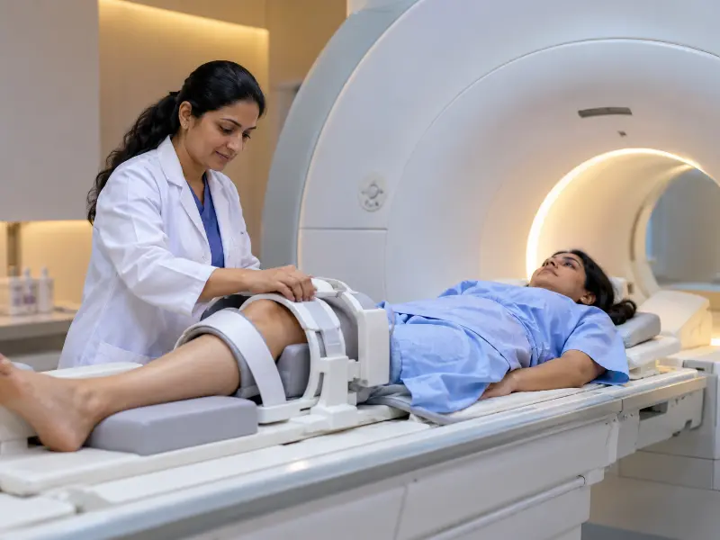 In addition, high-resolution 3T Knee MRI scan display showing multiplanar soft tissue cross sections