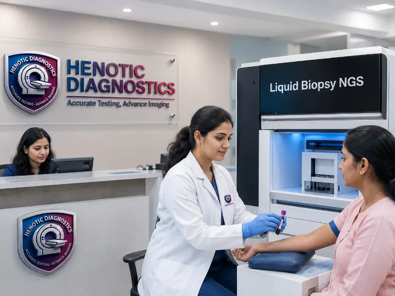 Senior medical oncologist reviewing Liquid Biopsy NGS report for non-invasive targeted therapy selection