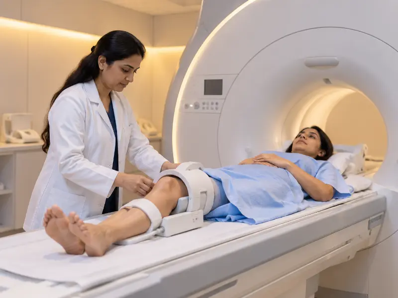 In addition, high-resolution 3T MRI Knee scan display showing multiplanar joint cross sections
