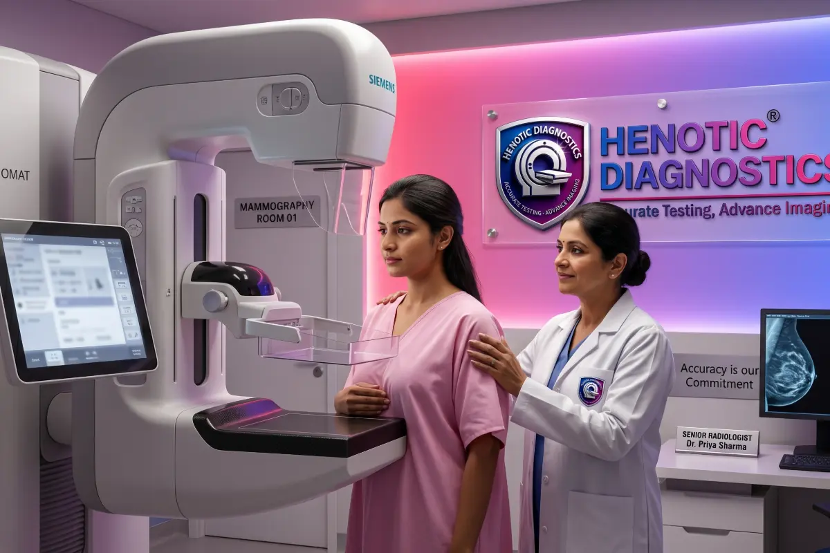 Female technologist safely guiding a patient through the digital mammography procedure