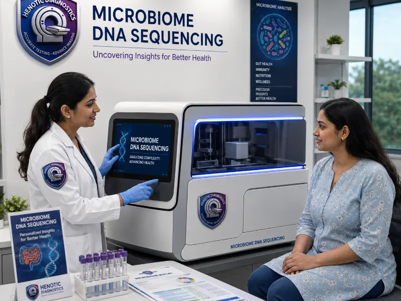 Senior gastroenterologist reviewing Microbiome DNA Sequencing dysbiosis and SCFA report
