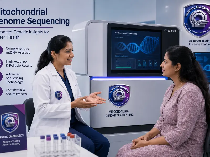Senior medical geneticist and neurologist reviewing Mitochondrial Genome Sequencing diagnostic report
