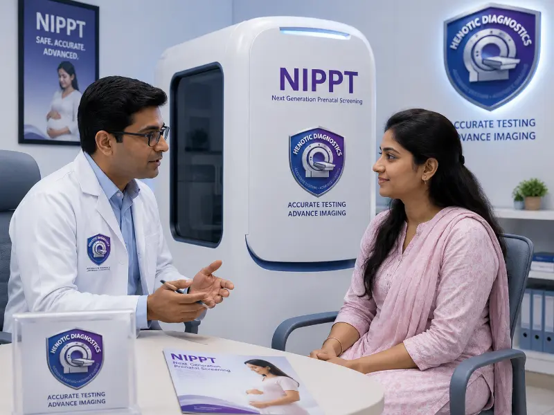 Senior clinical geneticist explaining NIPPT prenatal testing results during confidential consultation
