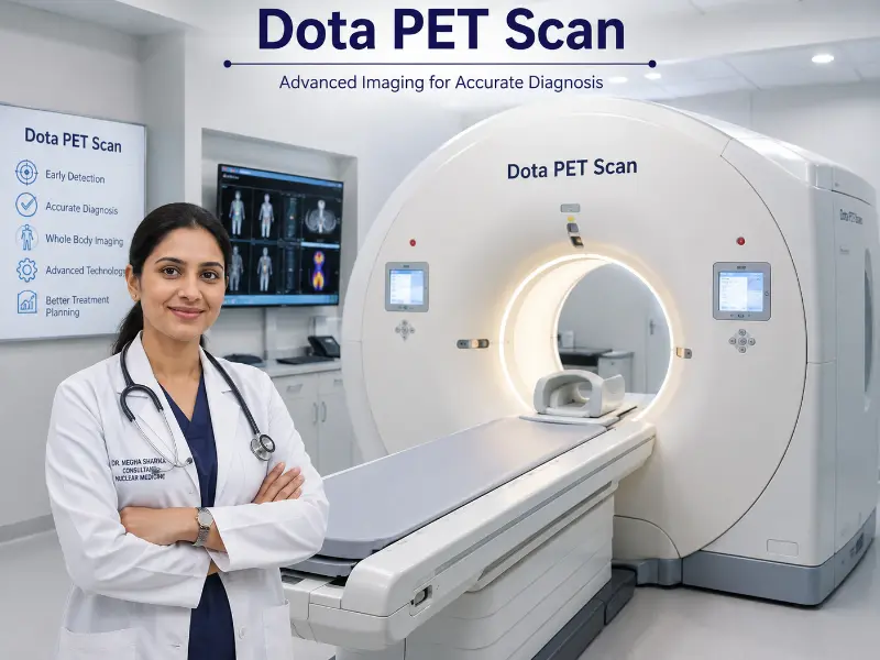 Nuclear medicine specialist reviewing Dota PET Scan report