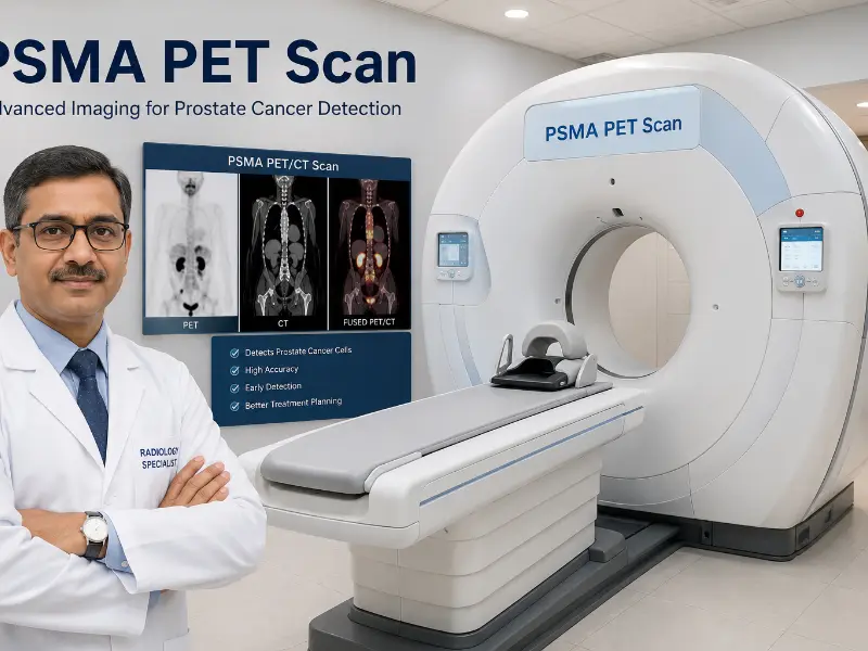 Nuclear medicine specialist reviewing PSMA PET CT scan report