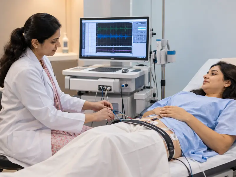 In addition, Pelvic Floor Electromyography diagnostic display showing EMG electrical wave graph
