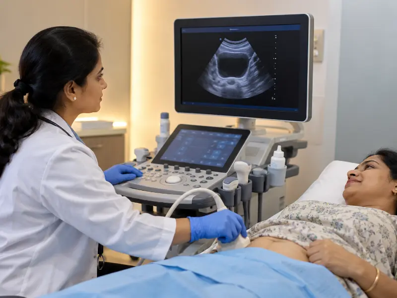 In addition, Post Void Residual Urine ultrasound display showing bladder volume calculation