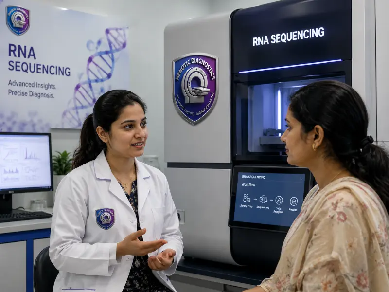 Senior oncologist and clinical geneticist analyzing RNA Sequencing fusion transcript report
