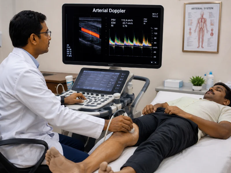 Professional Radiologist performing arterial doppler ultrasound scan at Henotic Diagnostics Kharghar