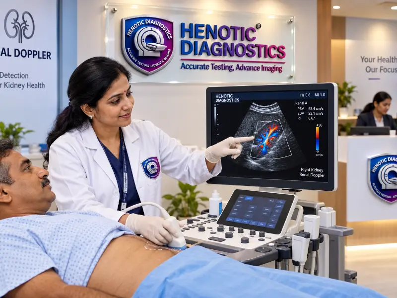 Professional Radiologist performing Renal Doppler ultrasound scan at Henotic Diagnostics Kharghar