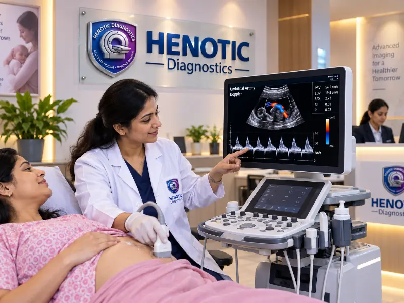 Professional Radiologist performing Umbilical Artery Doppler ultrasound scan at Henotic Diagnostics Kharghar