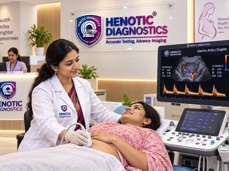 Professional Radiologist performing Uterine Artery Doppler ultrasound scan at Henotic Diagnostics Kharghar