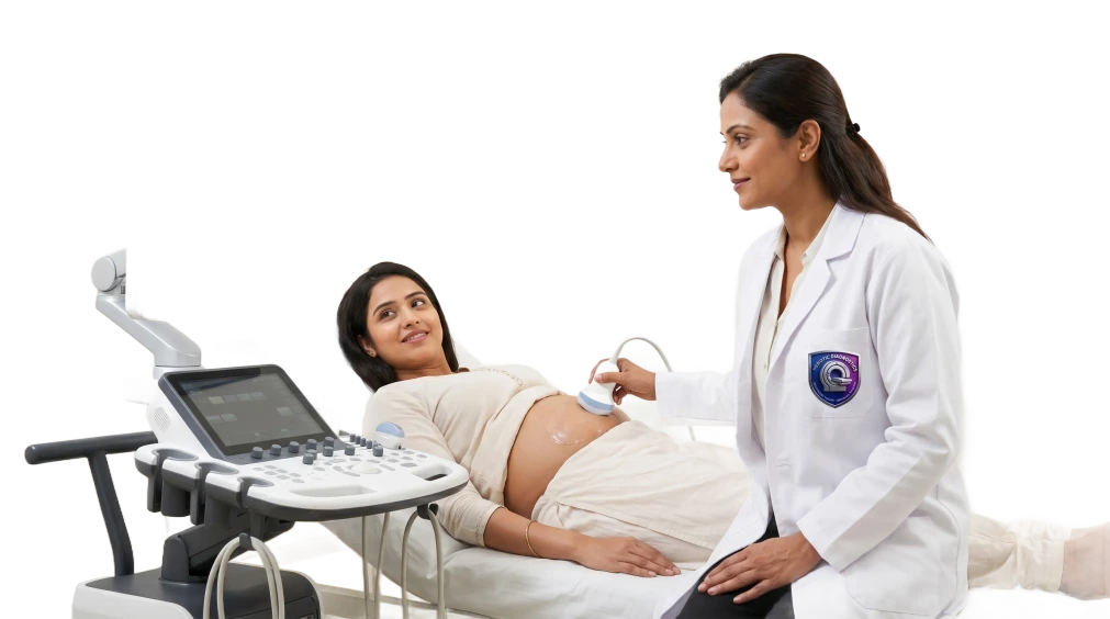 Doctor reviewing detailed ultrasound scan reports on an advanced diagnostic monitor