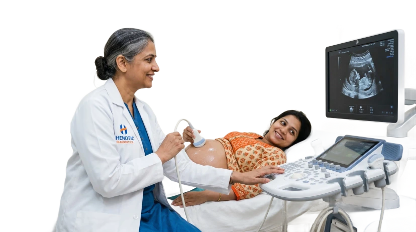 Fetal medicine specialist performing a detailed mid-pregnancy anomaly scan
