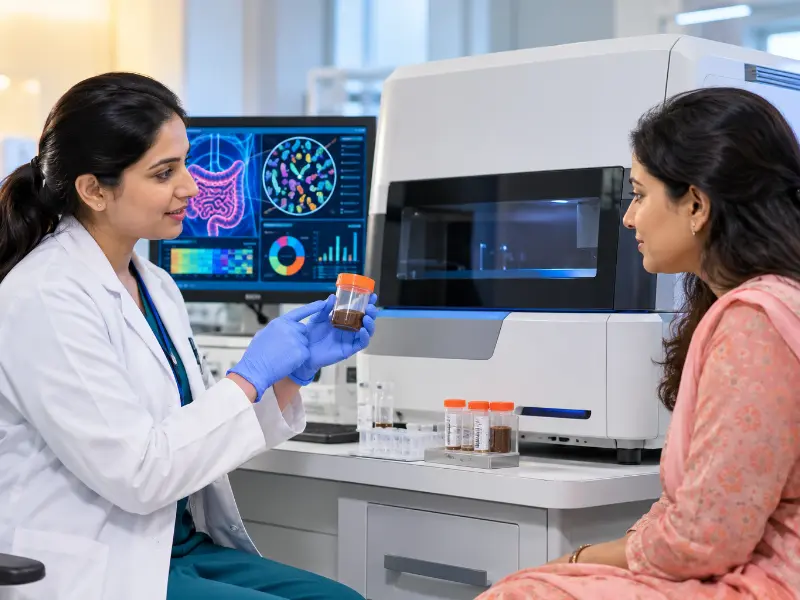Senior clinical diagnostic specialist interpreting metagenomic gut flora profiling report for Stool Microbiome Analysis