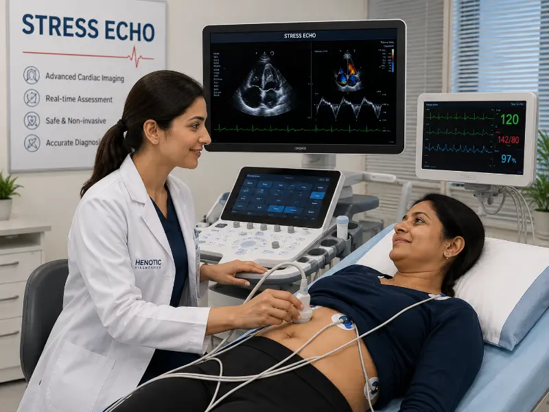 Advanced Stress Echocardiography diagnostic display comparing resting versus peak exercise heart images