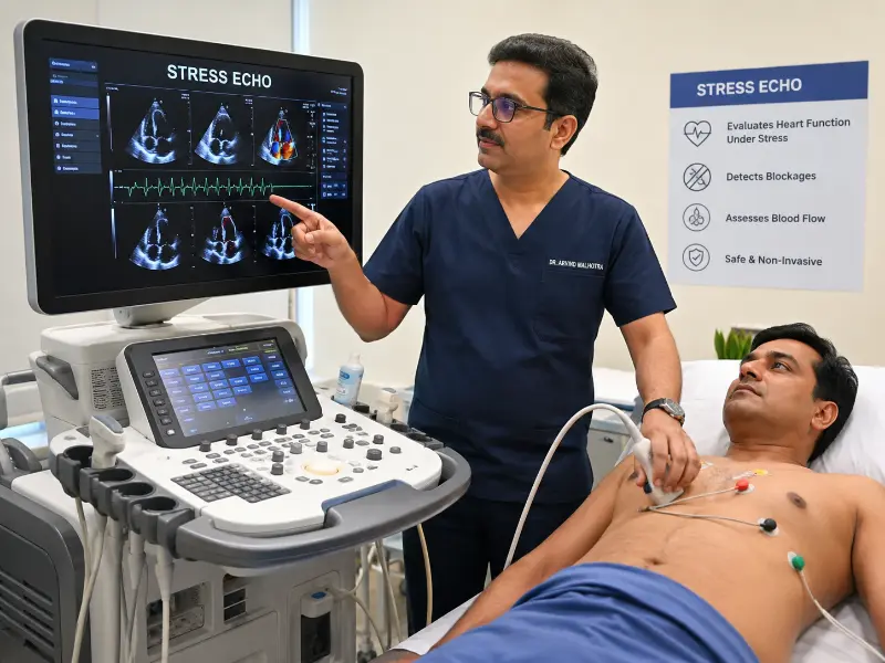 Senior cardiologist interpreting Stress Echo imaging for coronary artery disease assessment