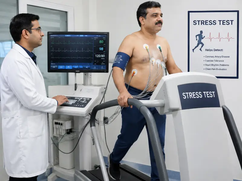 High-resolution Cardiac Stress Test treadmill suite showing continuous 12-lead ECG monitoring