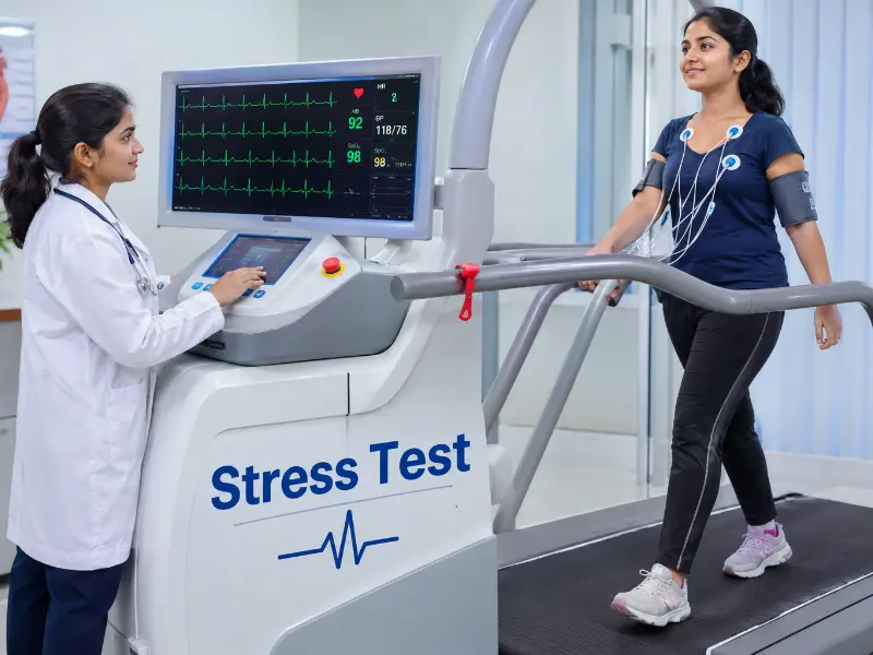 Advanced Stress Test diagnostic monitor displaying real-time ST segment analysis and heart rate response