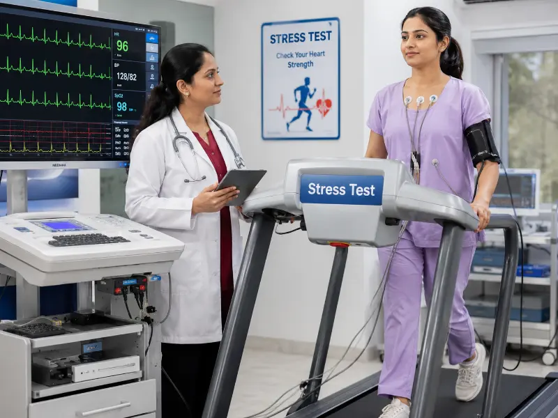 Senior cardiologist reviewing Stress Test treadmill results for coronary ischemia risk assessment