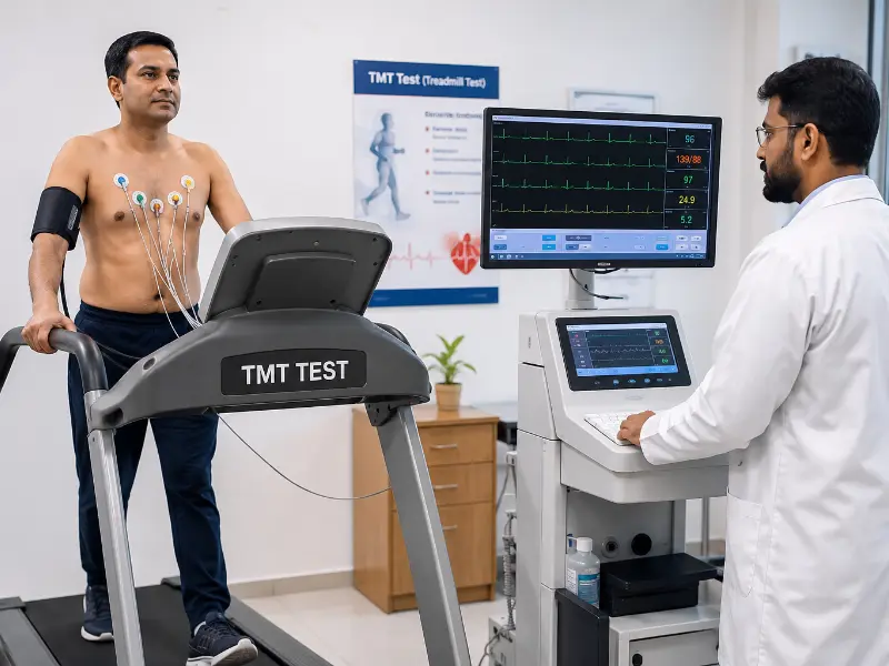 Advanced TMT diagnostic screen showing real-time Bruce protocol workload and heart rate curve