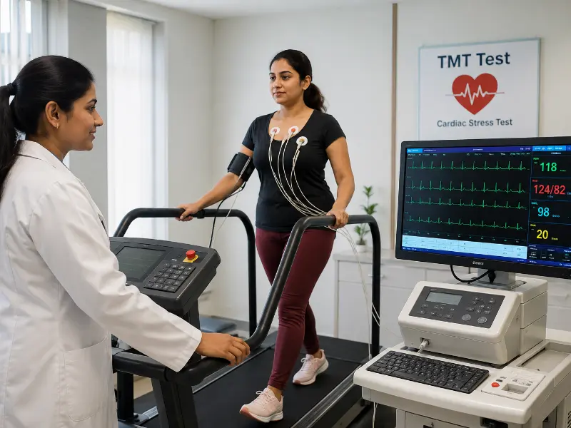 Senior consultant reviewing TMT test treadmill ECG readings for coronary artery disease assessment