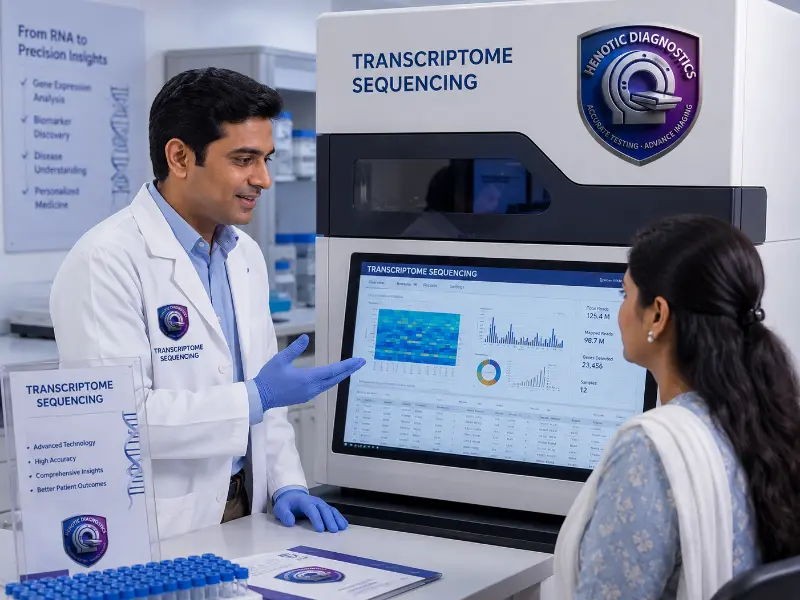 Senior oncologist and clinical geneticist analyzing Transcriptome Sequencing fusion transcripts report